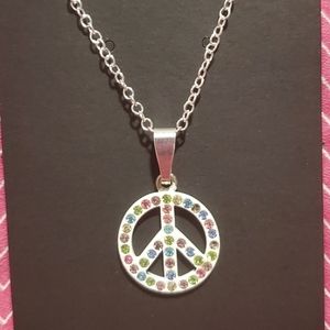 White Enamel Multicolor Stone Peace Sign Necklace